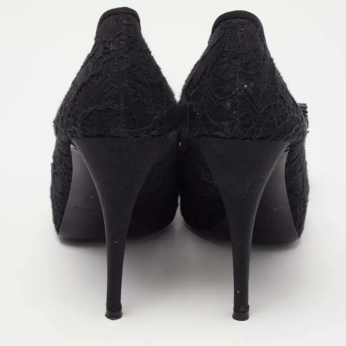 Dolce & Gabbana Black Floral Lace Bow Platform Peep Toe Pumps