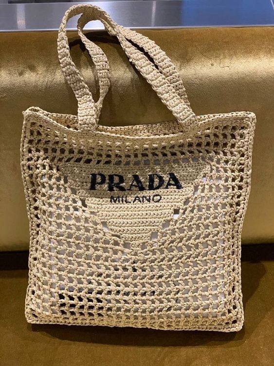 Prada Women's Natural Crochet Tote Bag-Khaki