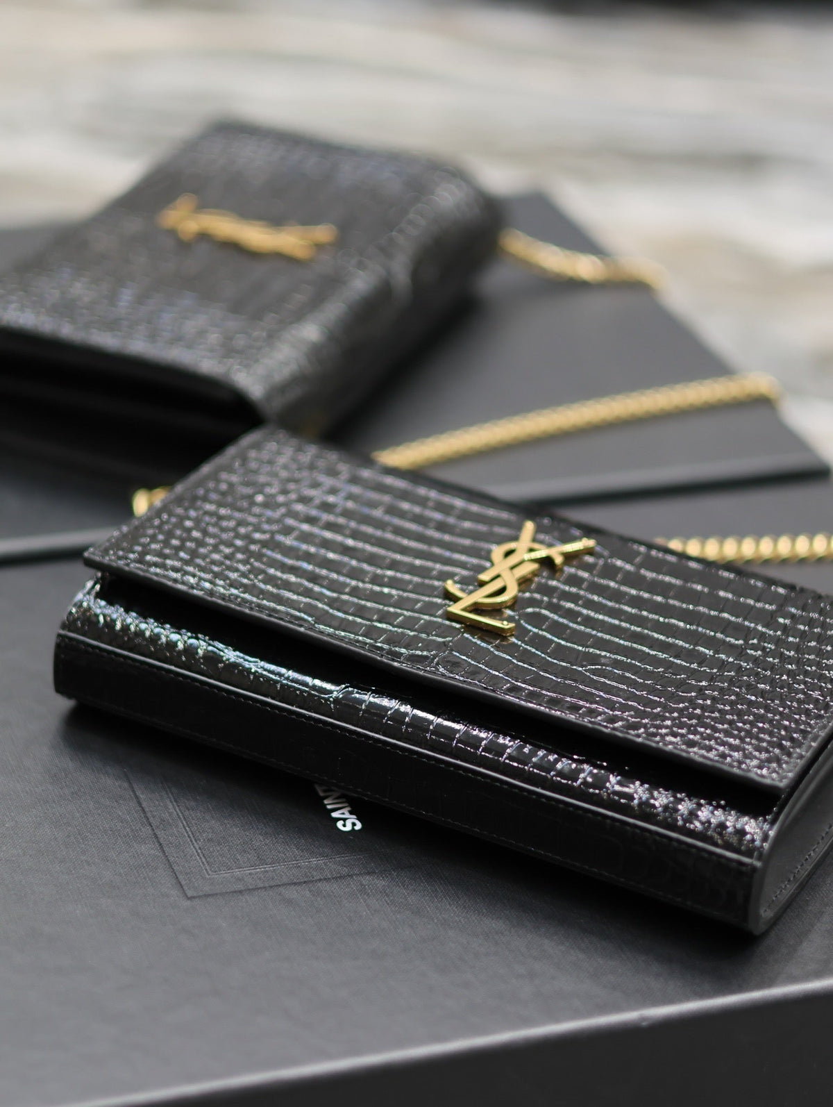 YSL Kate Croc Embossed BLack Gold Hardware - 23x14x3cm