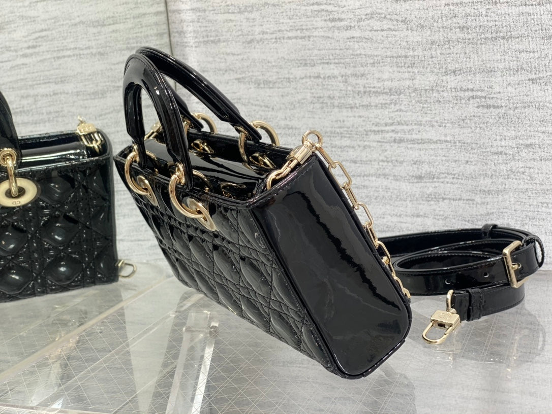 Dior Lady D-Joy Medium Patent Black Leather Bag - 26x6x14cm