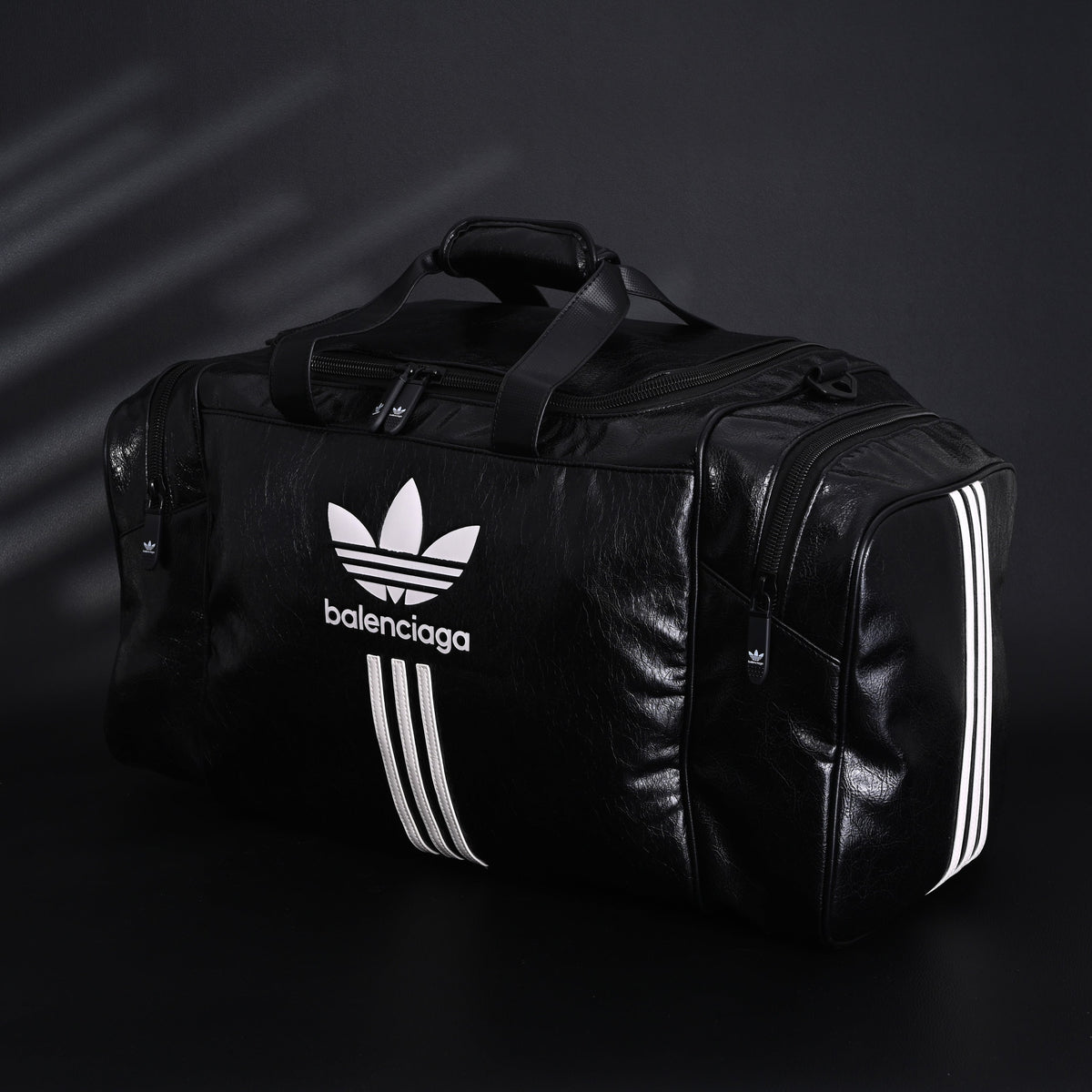 Balenciaga x adidas Large Duffel Travel Bag – Black with Trefoil Logo and Triple Stripes