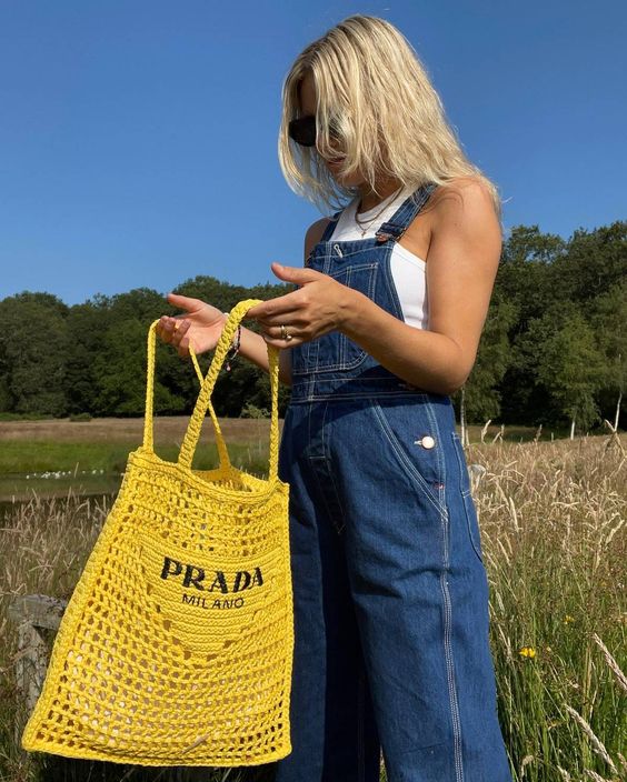 Prada Women's Natural Crochet Tote Bag-Yellow