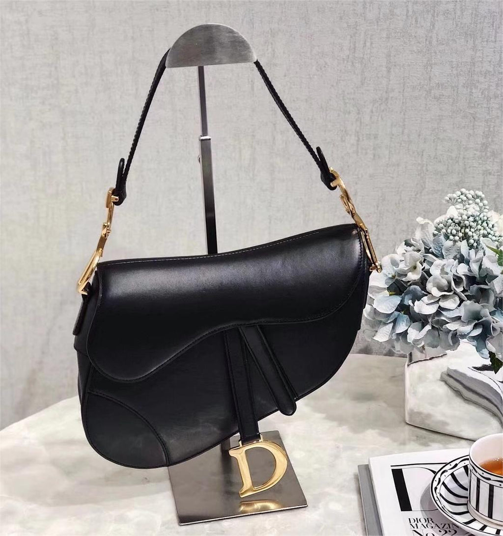 Dior Vintage Black Leather Saddle Bag With Gold Ornaments